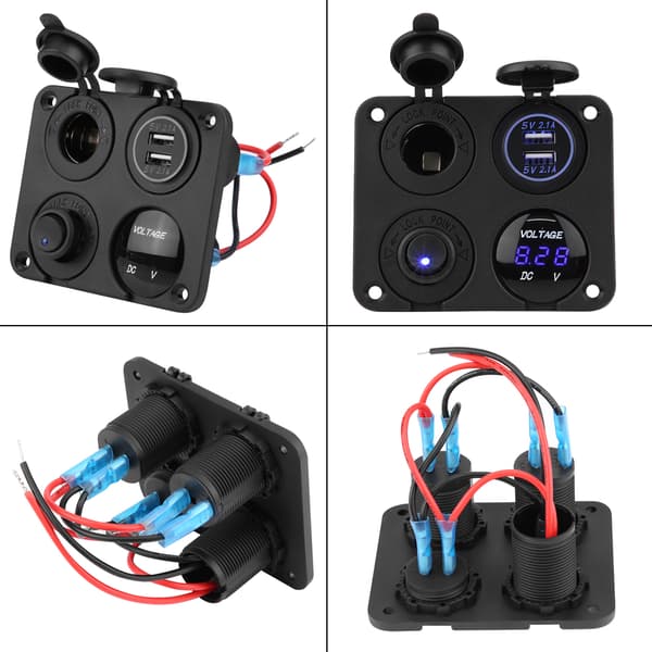 4-veis PÅ/AV-vippebryterpanel Dobbel USB-lader Sigarettenneruttak Voltmeter Blå LED