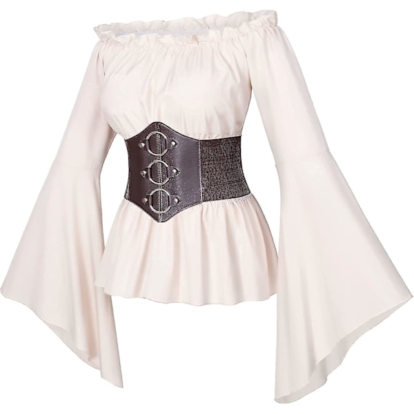 Ruffle Smocked Waist Victorian Pirate Shirt Blouse Set XX-Large Beige