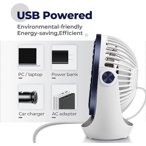 USB-pöytätuuletin, kannettava hiljainen tuuletin, tehokas minituuletin, 3-nopeuksinen pieni pöytätuuletin makuuhuoneeseen, toimistoon, kotiin, keittiöön (360° kääntö, USB-virta)