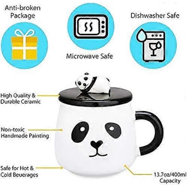 Kreativ håndmalet panda keramikkrus sødt tegneserie morgenmad vandkop krus med låg ske par fødselsdagsgave, med 3D panda låg og ske, 414 ml (14 oz)