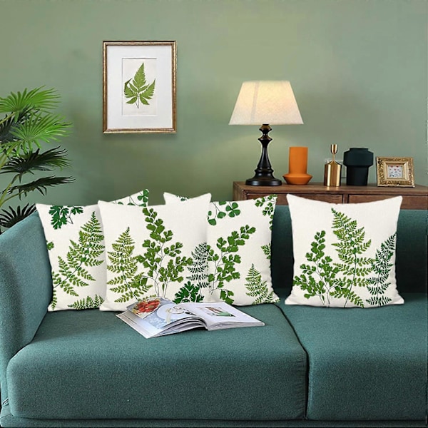 Putevar 45 x 45 cm Grønne Botaniske Blad Dekorative Pynteputetrekk Polyester Lin Putetrekk til Sofa Hage Utendørs Dekor Sett med 4