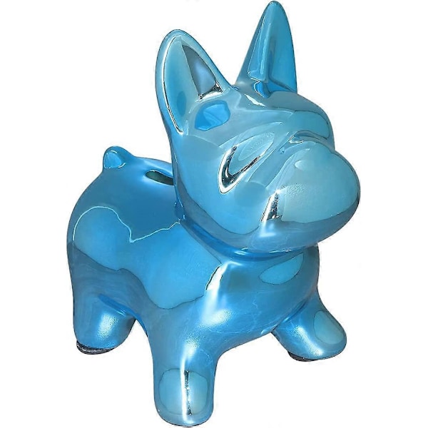 Keramisk Bulldog Spargris för Pojkar Flickor, Pengabox för Barn, Myntbank Minnessak med Plastpropp, Fransk Bulldog Sparbössa, Barnrumsinredning (Blå)