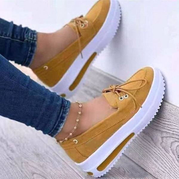 Women's Platform Lace-up Sport Shoes in Yellow, Plus Size 43, Comfortable Non-Slip Loafers