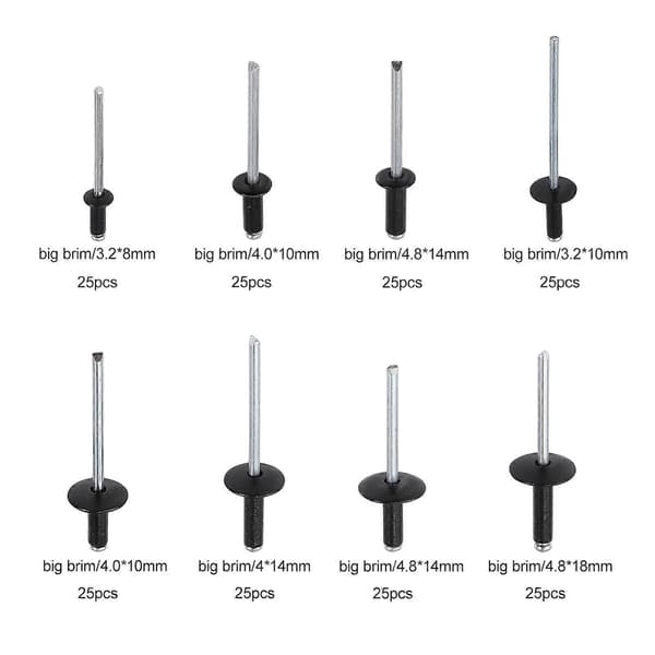 Blind Rivets, BR-Vie 200 Pcs Aluminum Blind Rivets, Black Rivet Assortment, Open Dome Head Blind Rivets, Standard Pop Rivets for Metal, Wood, Plastic