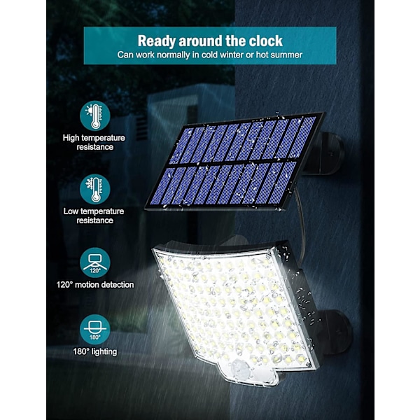 106 LED Solarlampor Utomhus med Rörelsesensor, IP65 Vattentät, 120° Belysningsvinkel, Solcellsvägglampa med 5m Kabel