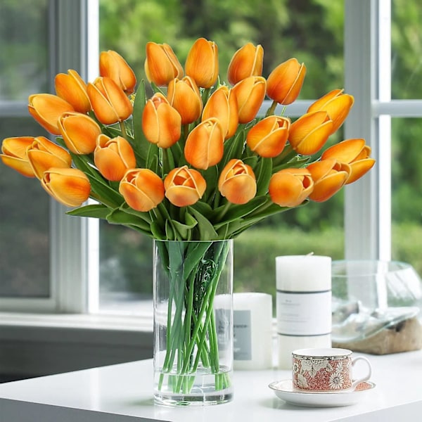 10 stk Kunstige Blomster Tulipaner Dekor Falske Blomster Veldig Ekte Plastblomster Tulipaner PU Latex Ekte Følelse Falske Blomster Tulipaner Oransje for Bryllupsrom D