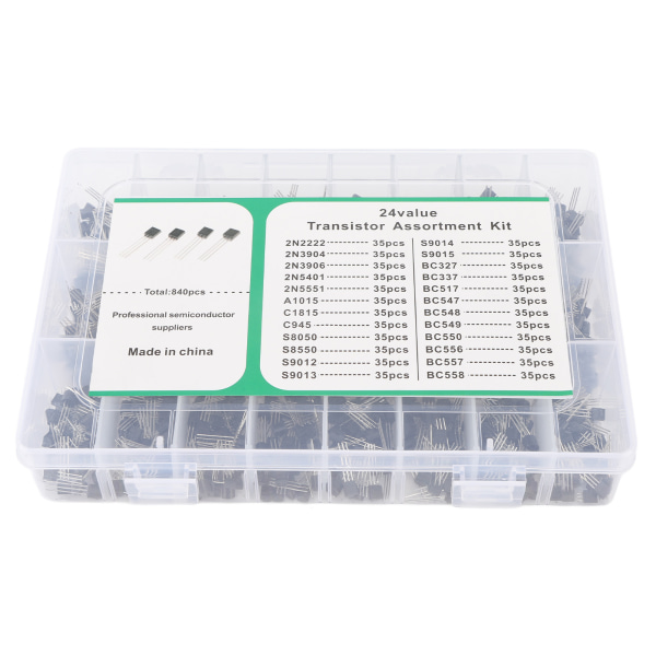 840 st BC337 BC549 A1015 Transistor Diode Triode 24 Värde NPN PNP Effekt Allmän Transistorkit