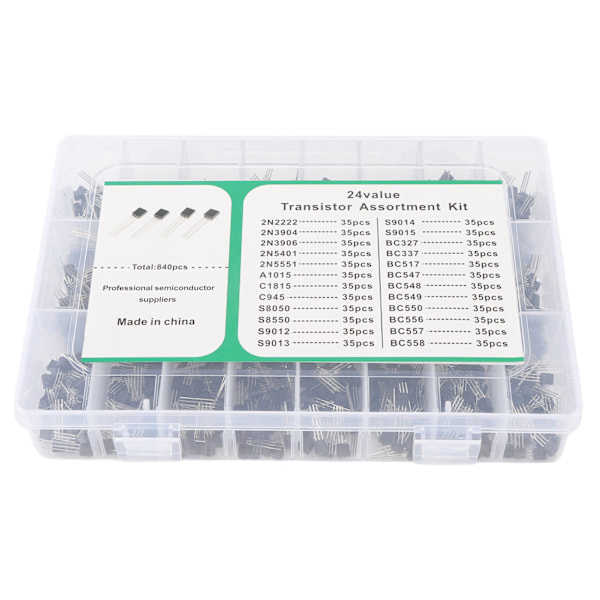 840 stk BC337 BC549 A1015 Transistor Diode Triode 24 verdier NPN PNP Power General Purpose Transistor Assortment Kit