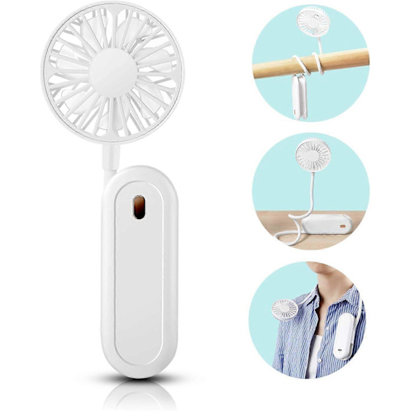 Bærbar halsventilator, Mini USB (Hvid) halsventilator, 360 graders fri rotation, med genopladeligt 1200mAh batteri, støjsvag 3-trins ventilator, sammenklappelig til kontorbord, camping