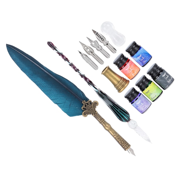 Kalligrafi Pen Set Glas Bläck Fjäder Fountain Pen med Utbytbart Spets Skriv Presentförpackning KitSP118033 Marinblå