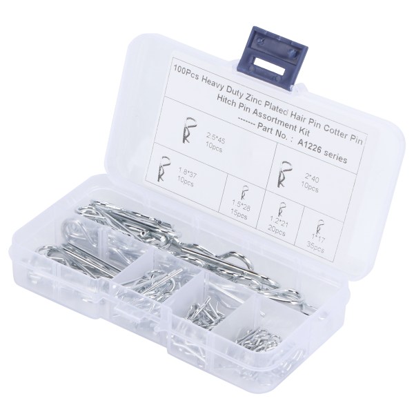 100 stk R Splinter Traktorpinneklemmer med plastboks sortimentsett Festeklipssett