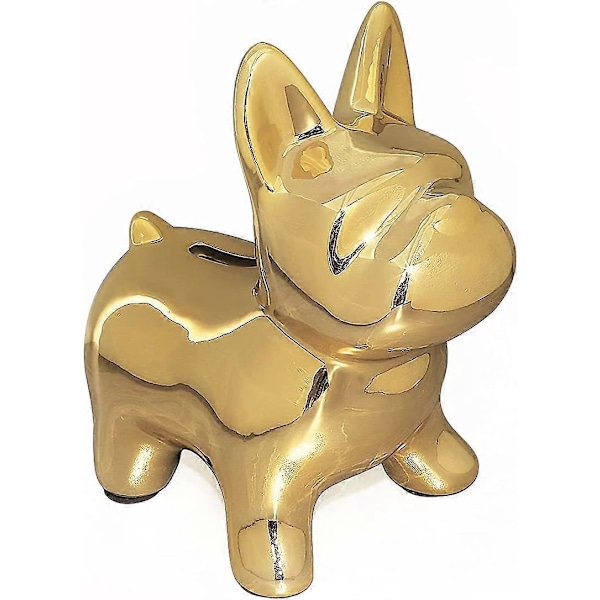 Keramisk Bulldog Spargris för Pojkar Flickor, Pengabox för Barn, Myntbank Minnessak med Plastpropp, Fransk Bulldog Sparburk, Barnrumsinredning (Guld)