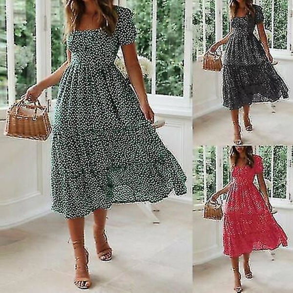 Boho Blommig Strand Midi Klänning Kvinnor Sommarfest Sundress Marinblå