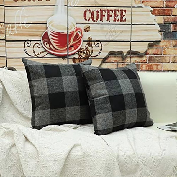 Rutigt Linne Kuddfodral, Kuddfodral för Hem Soffa Bil Dekorativ 5050cm, Set med 2, svart