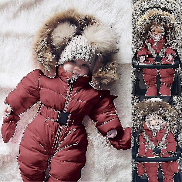 Baby Hooded Jumpsuit med pälskrage för pojkar och flickor (0-24 månader) 65cm Brun
