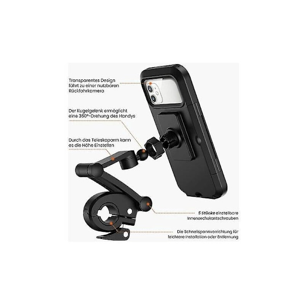Sykkel Mobiltelefonholder, Vanntett Smartphoneholder med Berøringsskjerm, 360° Svingbar, Høydejusterbar for opptil 6,7 Tommer, Motorsykkel Sykkel, Svart