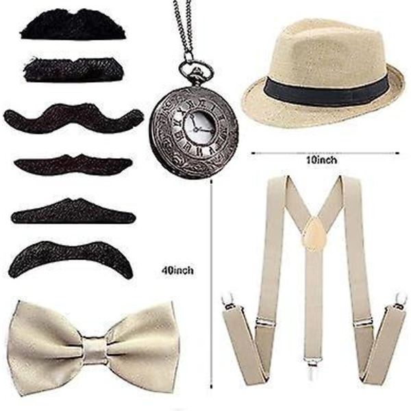 1920-luvun miesten beige Gangster Flapper -asusarja, jossa Trilby-hattu, viikset ja joustavat henkselit