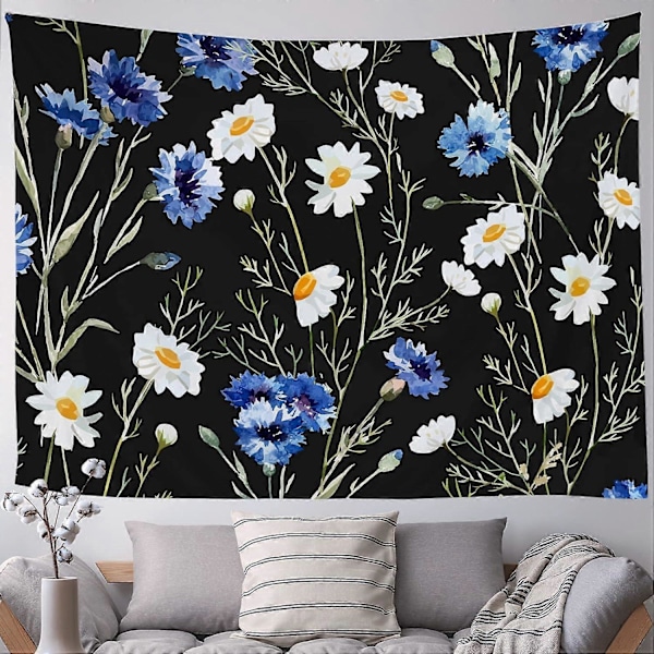 Trippy Svart Blommig Tapestry, Boho Hippie Psykedelisk Tusensköna Blomma Tapestry Väggbonad