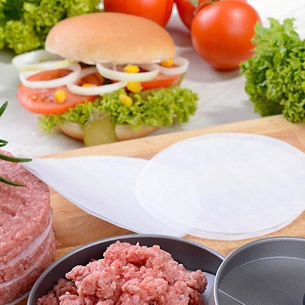 Rostfritt stål non-stick hamburgerpress med ABS-handtag, 11 cm, inkluderar 50 hamburgerpappersark