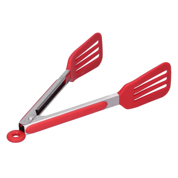 Rustfrit stål silikone bøfklemme foldbar grill bage tang til BBQ køkken 12 tommer rød