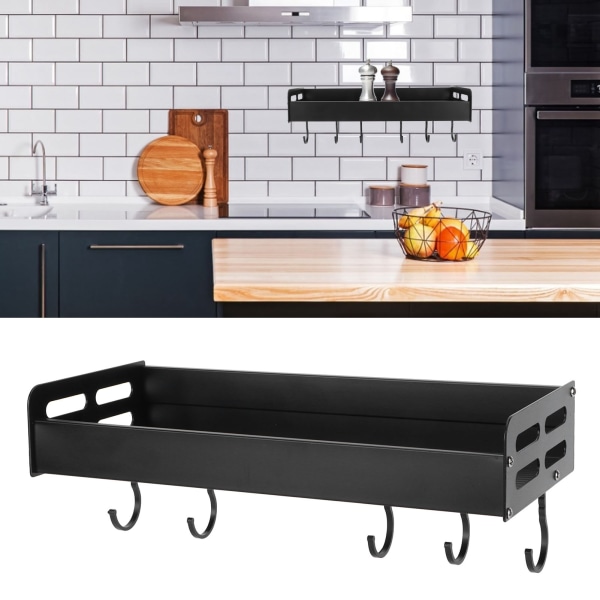 Køkkengrej Holder Hylde med 6 Kroge, Sort Aluminium Pladsbesparende Krydderi Hylde til Køkken