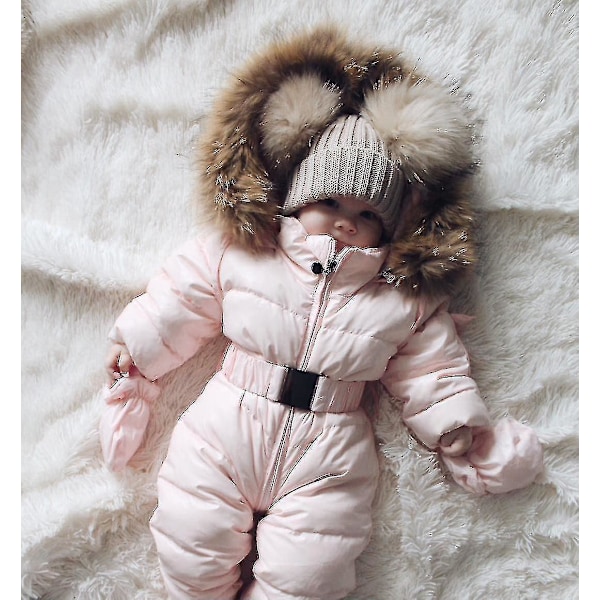 Mysig babyhuva overall för pojkar och flickor (0-24 månader) - Romper med pälskrage 75cm rosa