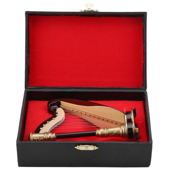 Trä Miniatyr Harpa Replika med case Instrument Modell Musikaliska gåvor Ornament