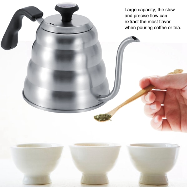 Kaffe-tekanne med drypp i rustfritt stål med svanehals og innebygd termometer 1,2L