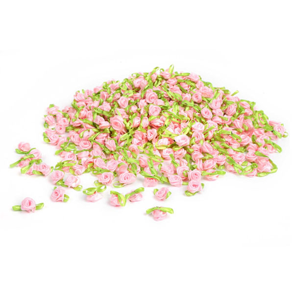 Håndlagde blomster med blader små roser hodeplagg dukketilbehør DIY kunstig bånd (rosa)