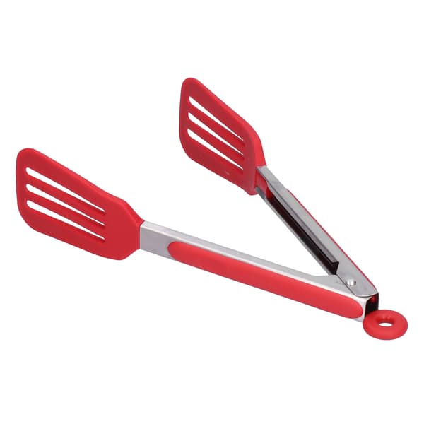 Rustfrit stål silikone bøfklemme foldbar grill bage tang til BBQ køkken 12 tommer rød
