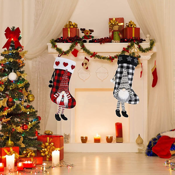 Personlig Julstrumpa, 2 Stycken Hängande Julstrumpor, Klassisk Röd och Svart Rutig Hängande Julstrumpa Dekorationer, Stor Julman