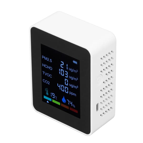 Multifunksjonell 6 i 1 CO2-måler Luftkvalitetsmonitor Temperatur PM2.5 TVOC HCHO Detektor USB-lading Hvit