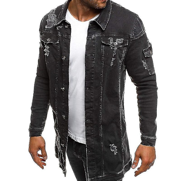 Trendig lång rippad denimjacka för män - perfekt för vår och höst M SVART