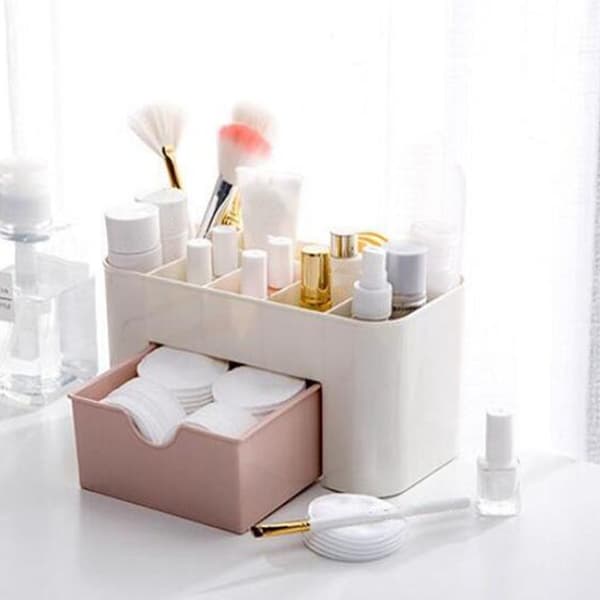 Kosmetik Makeup Organizer PP Multifunktionel 6 Rum Makeup Skrivebords Organizer med Skuffe Pink
