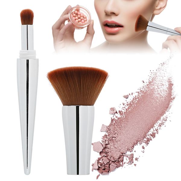 2 i 1 Multifunktionel Bærbar Blusher Pensel Pudder Kosmetisk Pensel Makeup Værktøj Sølv