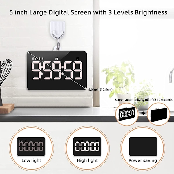 Digitalt Køkkenur til Køkken, Magnetisk Ur med Nedtælling/Optælling, Børneur med 5 Tommer LED-Display, 3 Lysstyrker 4 Justerbare Lydstyrker til Klasseværelse