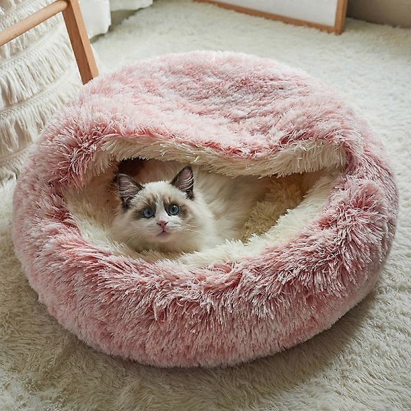 Kæledyr Kat Lille Hund Rund Plys Varm Seng Halvt Lukket Rede til Hvalp Killing Dyb Søvn Seng Blød Fluffy Beroligende Kennel-pink/19.69in