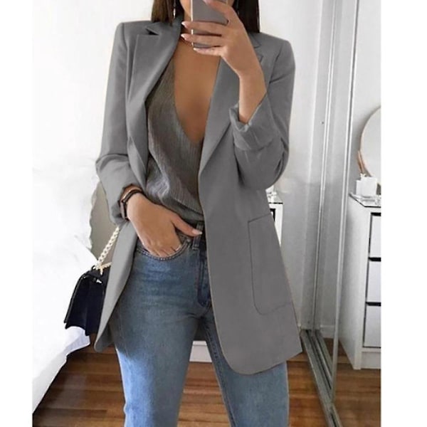 Grå Lapel Kontor Blazer Jakke til Kvinder, Langærmet, Hoftelængde, 3XL