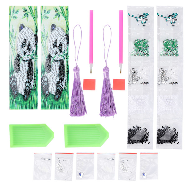 2 Set Diamond Bokmärken 5D DIY Målning Kristall Fancy Form Rund Hängande Hantverk Panda Mönster