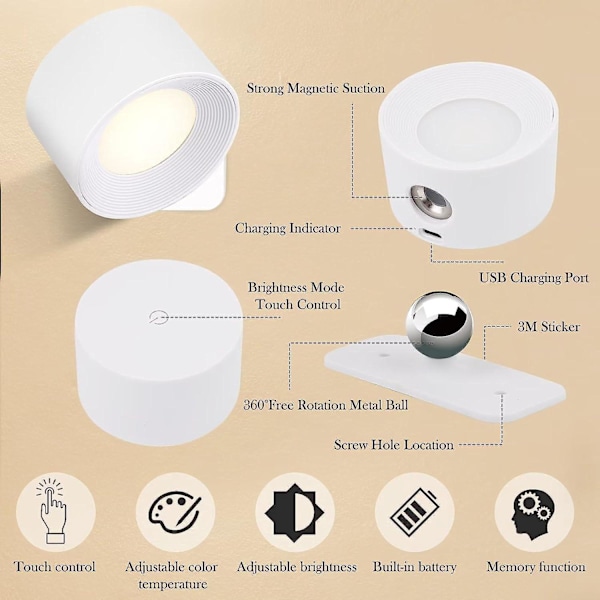 LED Vægskinne USB Opladning Berøringsstyring 3 Farvetemperaturer og 3 Lysstyrkeniveauer 360° Drejelig Natlampe til Soveværelse Stue Soveværelse Ha