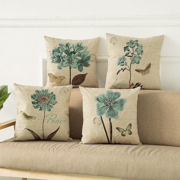 Sett med 4 dekorative putetrekk i bomull og lin, 45 x 45 cm, putevar til bil, sofa, hjemmeinnredning