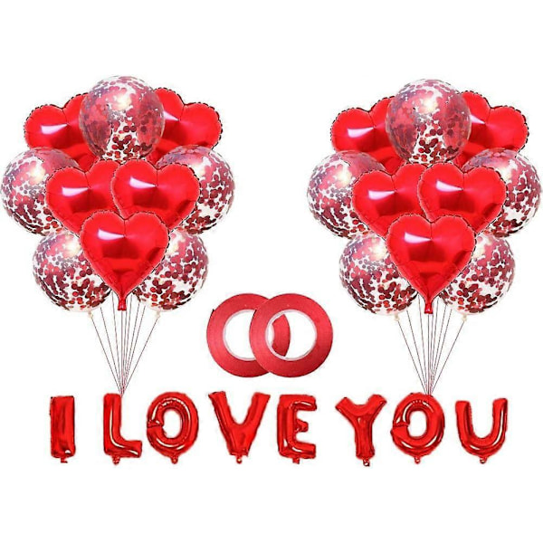 30 kpl I Love You -ilmapallosetti, 10 tuuman konfetti-lateksi- ja folioilmapalloja, sydänilmapalloja