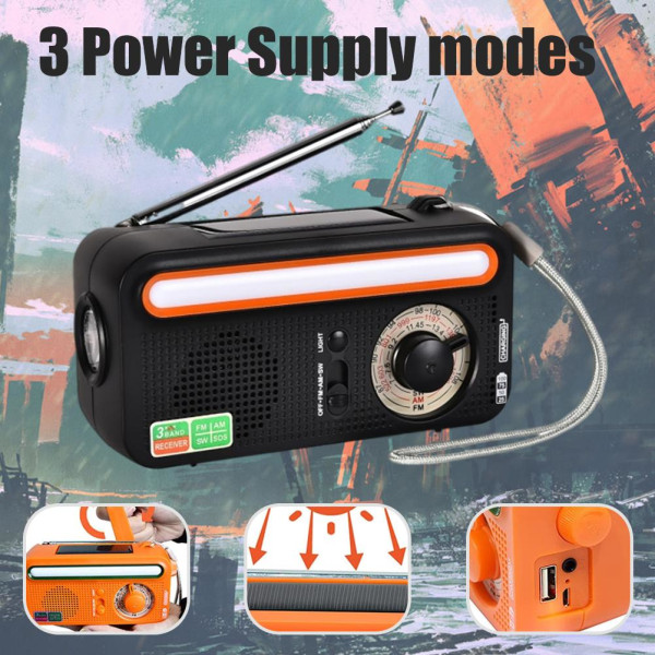 Bærbar Solar Håndsveiv Radio AM FM WB Multiband Dynamo Radio med 2000 mAh Power Bank SOS Alarmfunksjon for campingreiser i nødstilfelle