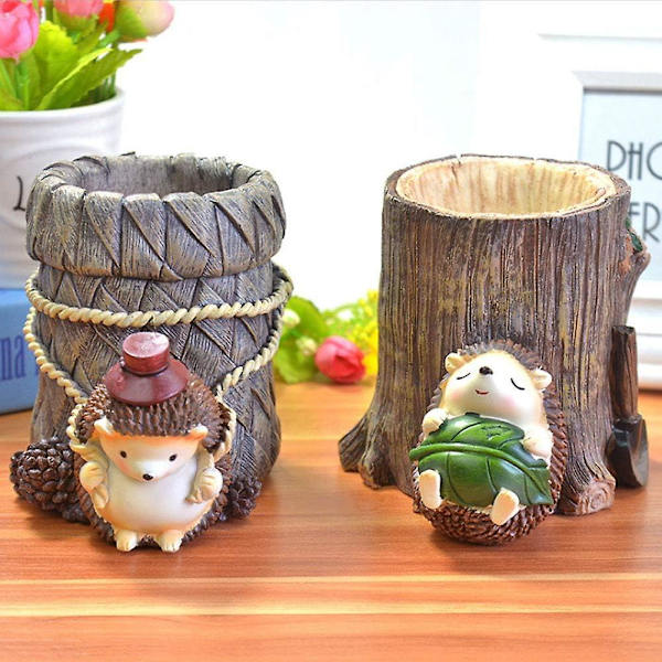 Sød Hedgehog Skrivebord Organizer Resin Pen Holder Blyant Pot Kontorpapir Opbevaring Hylde Dekoration