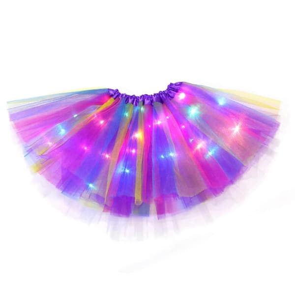Lysende LED Tutu-nederdel til piger 2-12 år - Regnbueprint Elastisk 3-lags lysende dansenederdel