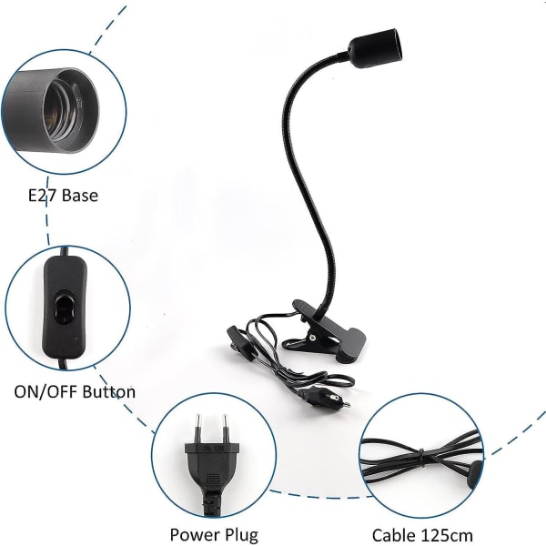 Svart E27-sockel med klämma och justerbar svanhalsklämma | Kabel med strömbrytare och europeisk kontakt | Perfekt för läsning