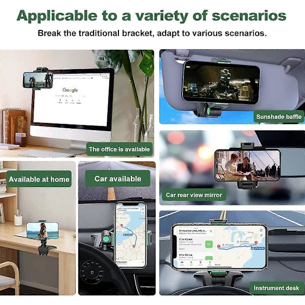 Multifunksjonell dashbord biltelefonholder med 360 justerbar fjærklemme, egnet for 3-7 tommers smarttelefoner (Svart-Grønn)