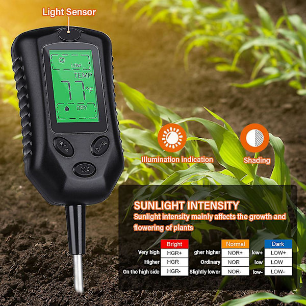 4 i 1 Digital Jordfugtighedsmåler Plantetemperatur pH Solintensitet Luftfugtighed LCD Display Jordtestværktøj