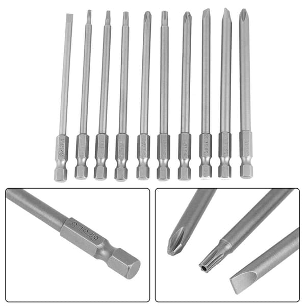 Magnetisk BST Skruvmejselbits Set - 10st 100mm, 1/4\" Hex Skaft (Spårskruv+Kryss Säkerhetsstjärna)