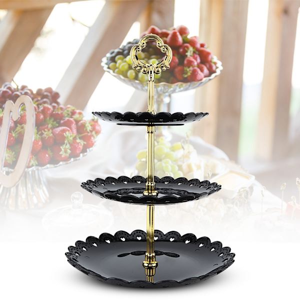 3-kerroksinen hedelmäjälkiruokatarjotin Cupcake-kakunpidike Syntymäpäiväjuhlat Häät (Musta)
